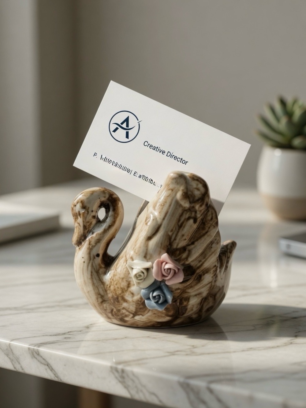 VTG Swan Card Holder & Mini Planter - Ceramic Marbled Porcelain Figurine 3.5"